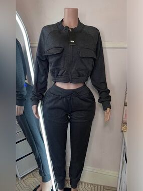 Cropped Zip Front Jogger Set - Charcoal